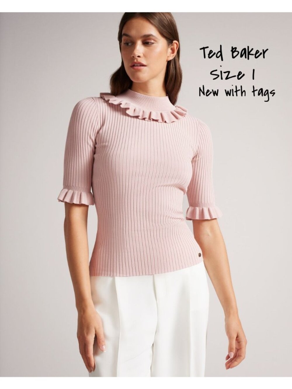 Ted Baker Women's Fitted Top Frill Neck Detail in Pink, Katella Size 1/US 4 New